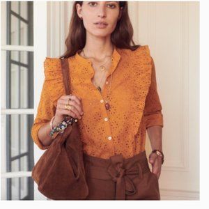 Sezane Isaure Eyelet Ruffle Button Front Mustard Shirt Size 36